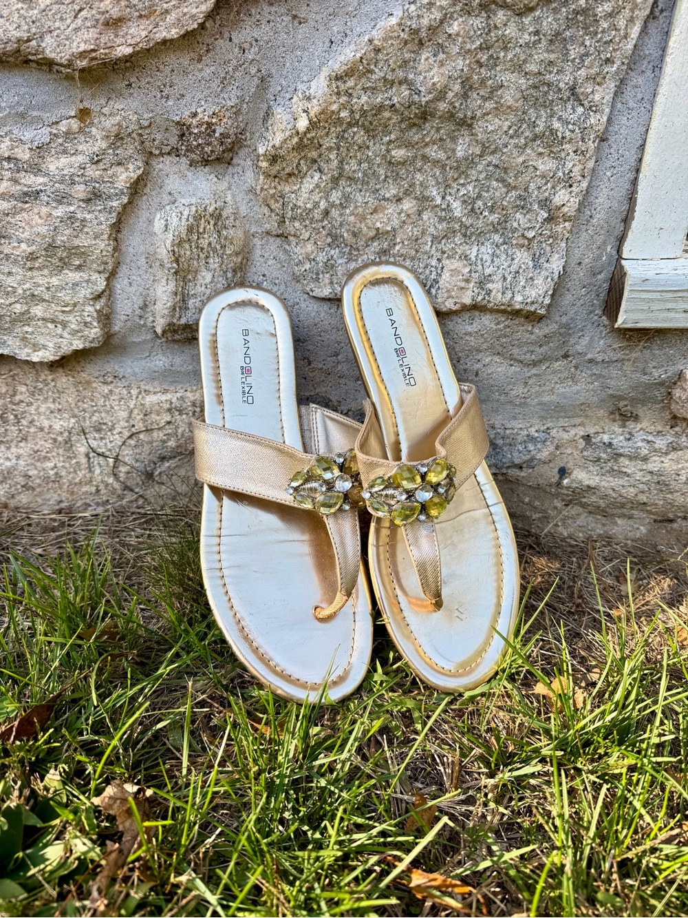 Bandolino Metallic Gold Jeweled Thong Sandals
